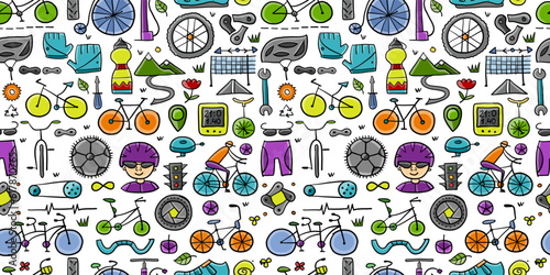 Bicycle time. Types of bicycles, tools and spare parts. Seamless pattern background for your design