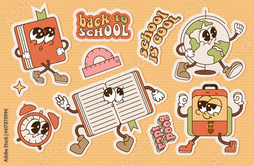 Retro cartoon stationery characters set in groovy 70s-80s retro style. Vintage sticker pack template design with funny quotes. Contour flat vector illustration