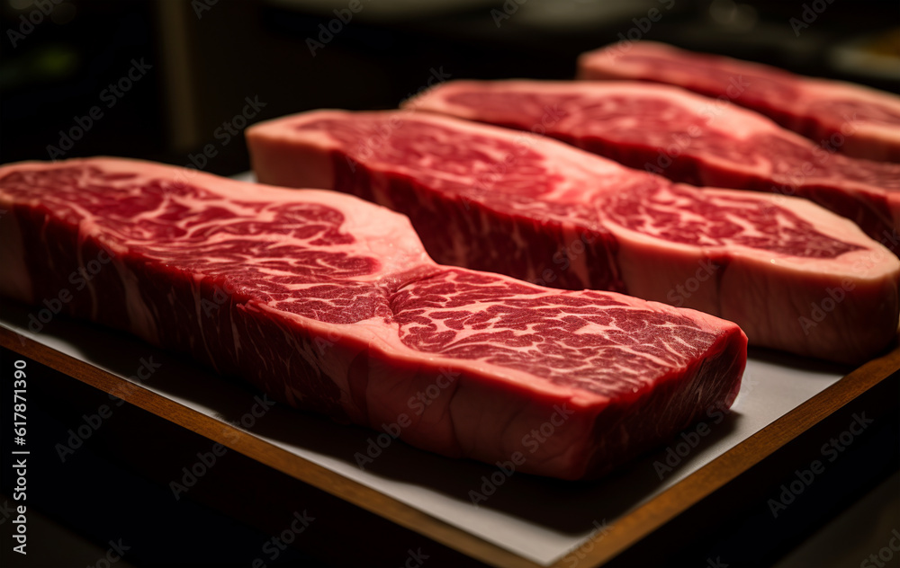 Raw wagyu beefs on the wooden table. Generative AI.