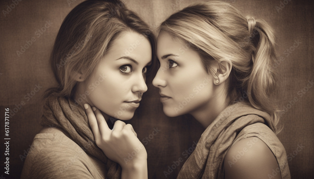 Φωτογραφία Two young adult females embracing in a close up black and white portrait generat
