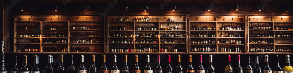 Wine shop banner, large number of bottles aligned on store shelf