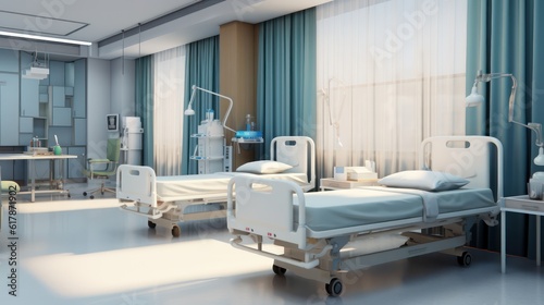 Hospital recovery room with beds. 3d rendering