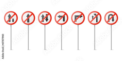 Vector Red and White Round Prohibition Traffic Sign with Arrow Icon Set Isolated. One Way, No Straight Ahead, Vehicles, Turn, Overtaking, U-Turn Traffic Road Plate, Sign Design Templates