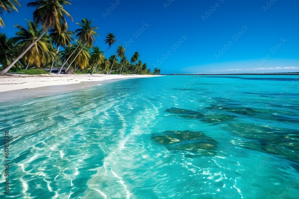 Escape the daily grind. Secluded tropical beach, complete with crystal-clear turquoise waters and swaying palm trees. Generative ai.
