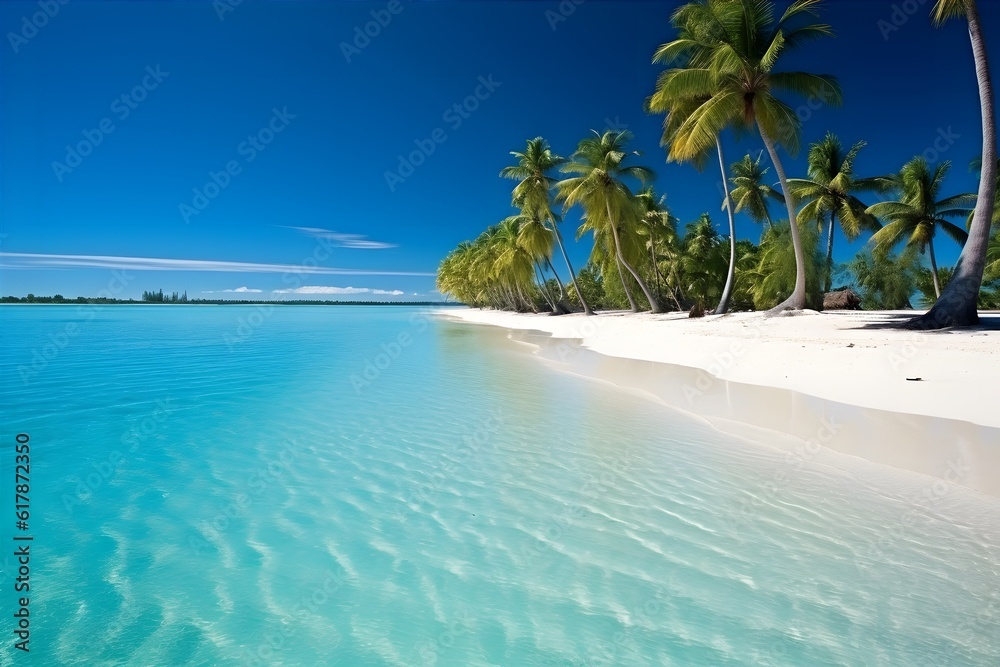 Escape the daily grind. Secluded tropical beach, complete with crystal-clear turquoise waters and swaying palm trees. Generative ai.