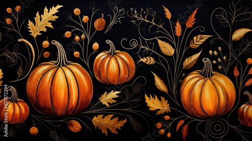 Autumn Leaves and Pumpkins with decorative scroll. created with Generative AI technology
