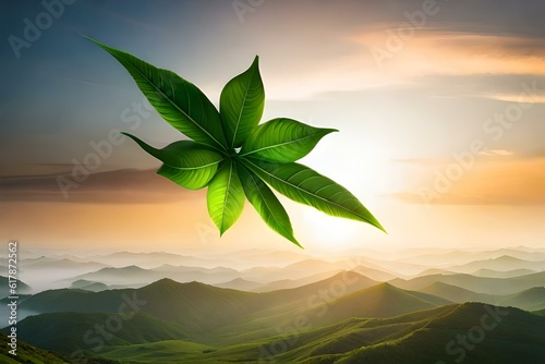 green leaves on sunset sky background , By Generative Ai