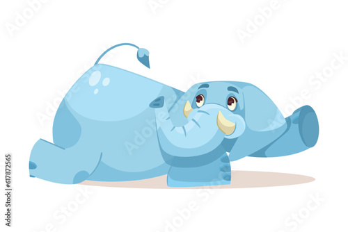 Cute Blue Elephant Character Lying on the Ground Vector Illustration