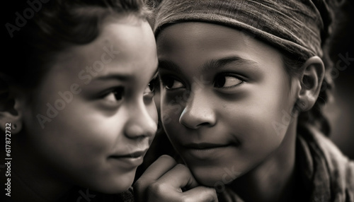 Smiling black and white portrait of two cute girls outdoors generated by AI