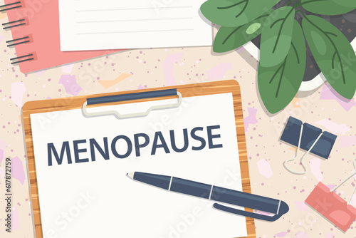 menopause written on clipboard, flat lay composition on terrazzo table- vector illustration
