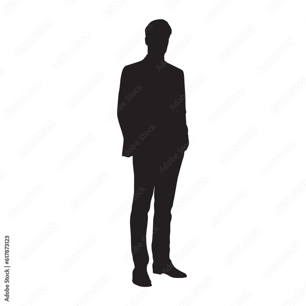 Business man in suit standing, front view, isolated vector silhouette