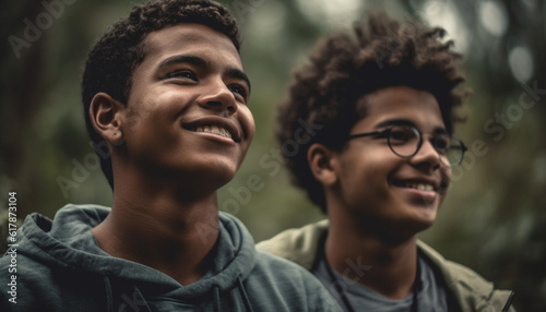 Two young adult males outdoors, smiling and looking at camera generated by AI