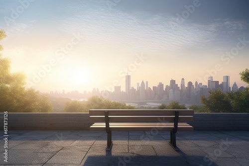 An empty park bench overlooking a city skyline, Generative AI