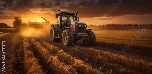 Sunset in the countryside. Tractor on a large field, creating beds to sow seeds into purified soil. The agricultural vehicle. Generative Ai.