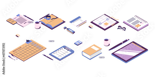Paper notebooks, notepads, diaries set. Planners, organizers, to-do lists, calendars and scrapbooks for plans, memo notes, timetables, schedule. Flat vector illustrations isolated on white