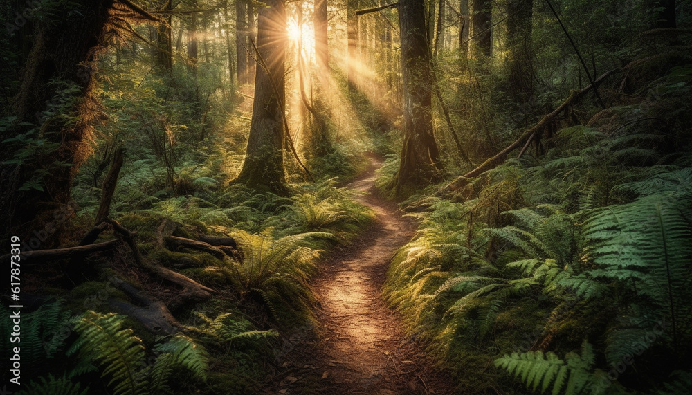 Tranquil footpath winds through lush green ferns in mysterious forest generated by AI