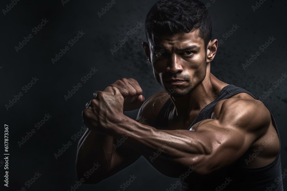 Fit young male model practising boxing. Masculine young male athlete working out on dark grey background. Generative ai.
