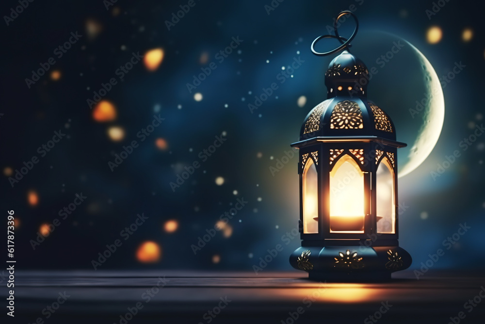 Ornamental Arabic lantern with burning candle glowing at night. Festive  invitation for Muslim holy month Ramadan Kareem