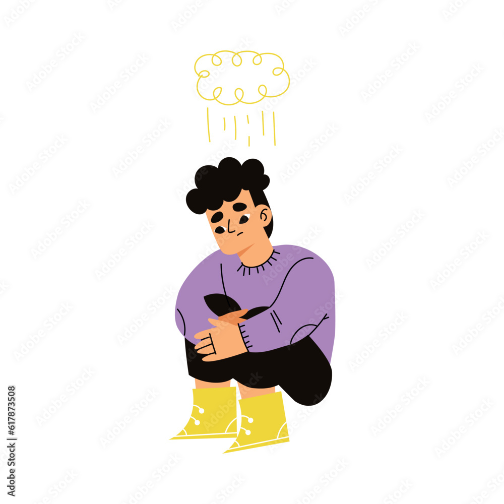 Cute Emotional Boy Child Sitting with Bend Knees Feeling Blue and Sad with Face Expression and Gesture Vector Illustration