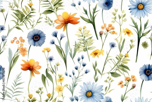 Floral seamless pattern with abstract wildflowers  plants and delicate branches  watercolor isolated on white background for textile. Generative ai.