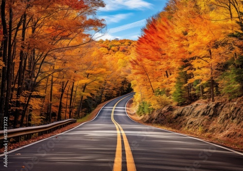 Autumn road trip. Highway in beautiful autumn landscape created with Generative AI technology