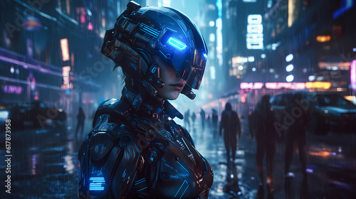 Futuristic cyborg, with glowing blue eyes and metallic limbs, standing in a cityscape. Cyberpunk dystopia. Generative ai.