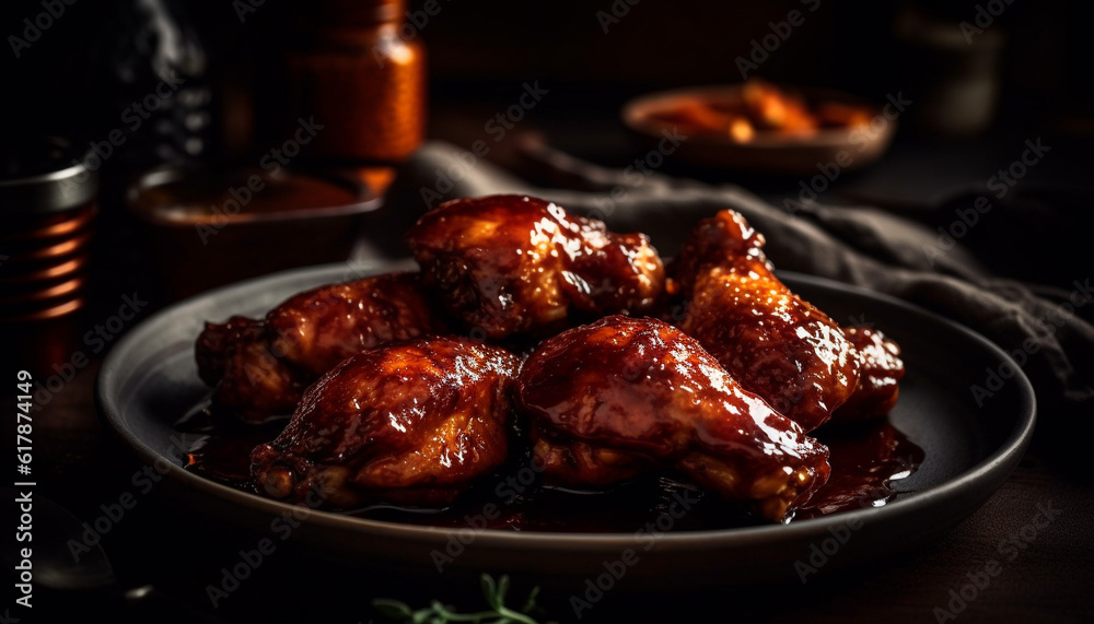 Grilled chicken wings on rustic wood plate with savory sauce generated by AI Grilled chicken wings on rustic wood plate with savory sauce generated by AI