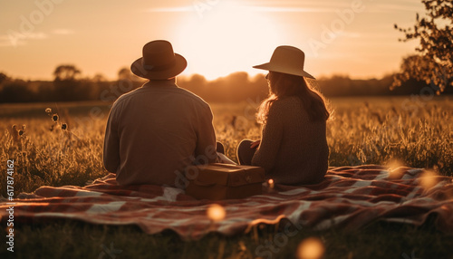Happy couple enjoys romantic picnic in beautiful summer meadow generated by AI