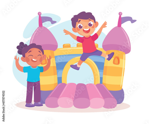 Entertainment with Little Boy and Girl Jumping on Trampoline in Bouncy Castle in Amusement Park Vector Illustration