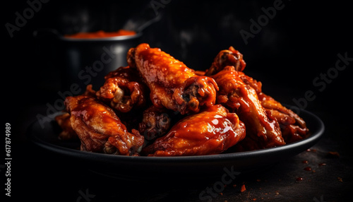 Grilled buffalo chicken wings, a gourmet appetizer for unhealthy eating generated by AI