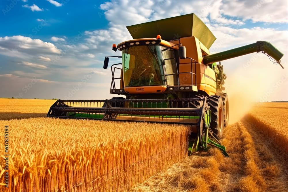 Fototapeta premium Harvester combine working on a field in afternoon, front wide angle view, golden wheat field foreground - agriculture concept. Generative AI