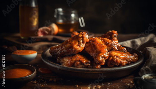 Grilled chicken wings on rustic wood plate, perfect pub appetizer generated by AI
