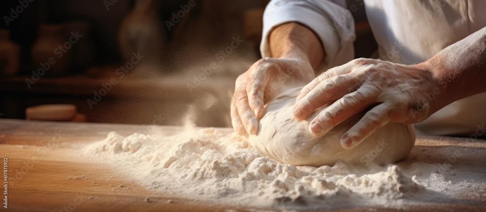 a man kneading flour into a dough on a counter Generative AI
