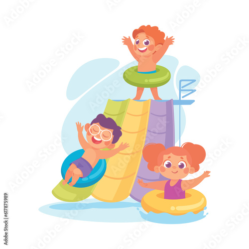 Entertainment with Little Boy and Girl Sliding Down with Rubber Ring in Amusement Aqua Park Vector Illustration