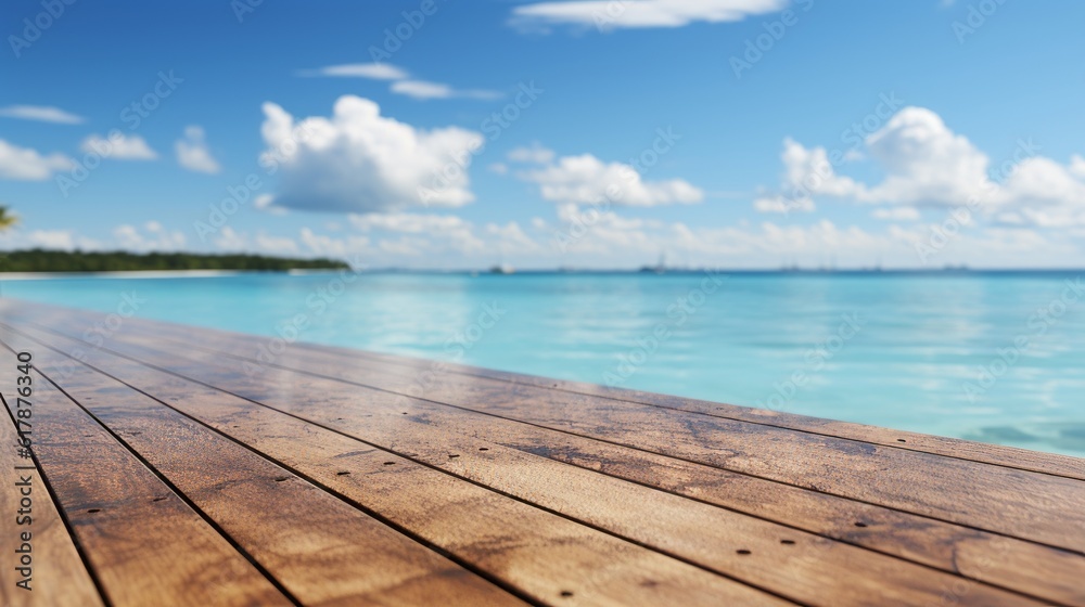 Fototapeta premium Empty wooden table with a summer sea and palms