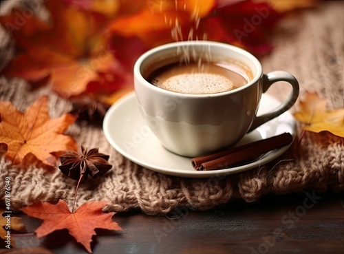 Coffee cup with autumn leaves and knitted sweater on wooden table. created with Generative AI technology