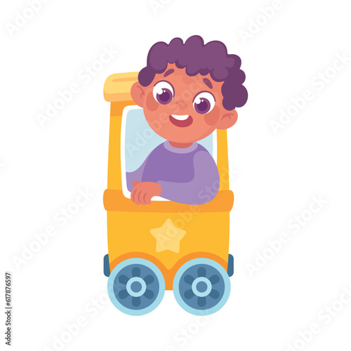 Entertainment with Little Boy in Amusement Park Riding Train Carousel Vector Illustration