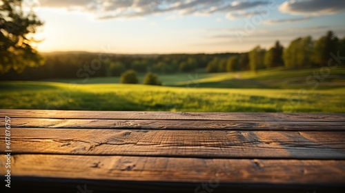 Empty wooden table with a serene meadow and trees