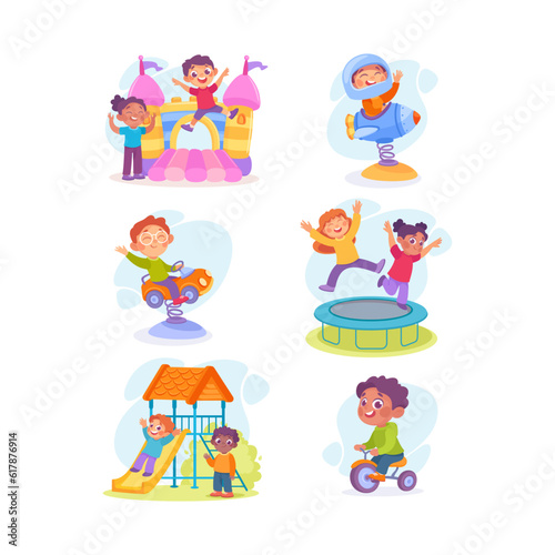 Kids in Amusement Park Engaged in Different Entertainment Sliding, Riding and Jumping Trampoline Vector Set