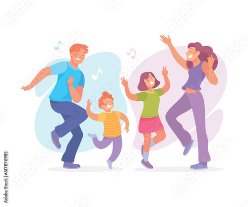 Young Parent with Kids Dancing to Music Moving Body Vector Illustration
