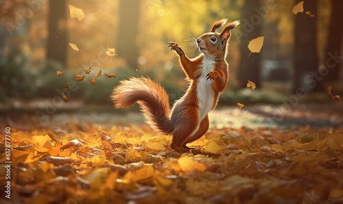 Eichhörnchen tanzt durch den Herbst, generative AI