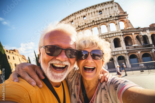 A happy elderly couple of tourists take a selfie in front of the Colosseum. Travel retirement concept. AI generated.