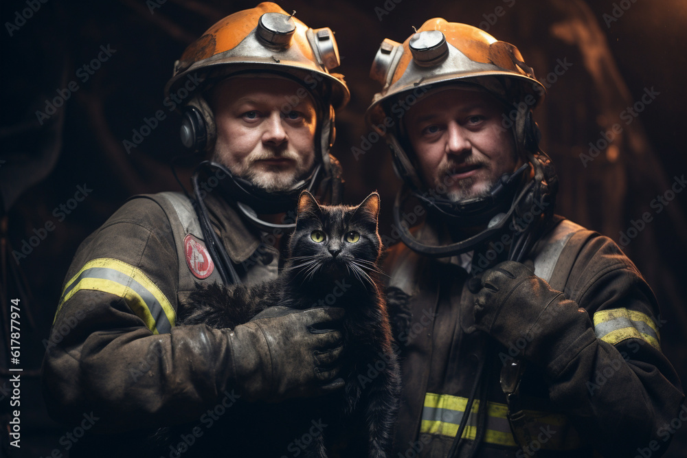 Two miners in construction helmets. AI generated. A man is holding a rescued cat.