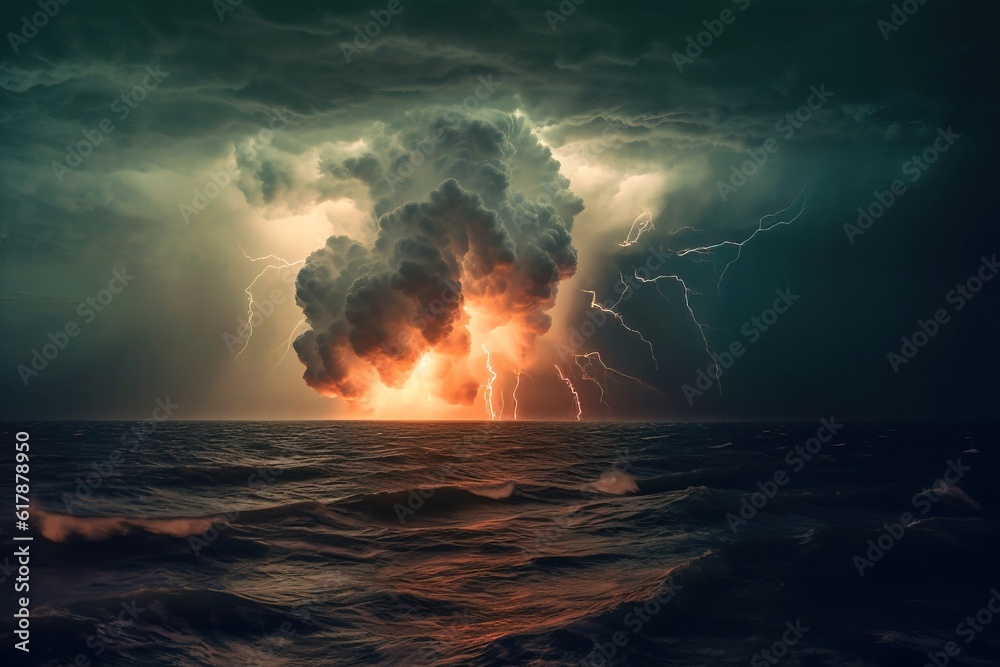 Thunderstorm, bright lightning in dark stormy sky, stormy sea, big waves. Generative ai image.