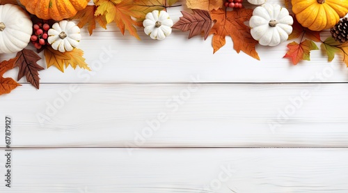 Festive autumn decor of pumpkins and leaves on a white wooden background. created with Generative AI technology