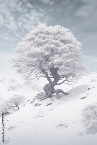 Illustration beautiful landscape of big tree and snow winter Created with Generative AI technology.