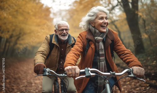 Senioren fahren Fahrrad im Herbst, generative AI