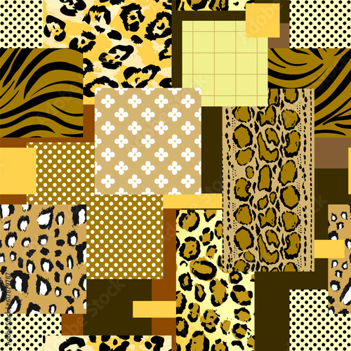 Seamless pattern from a mixture of animal skin prints, leopard, snake. safari Africa. Trendy vector design for printing on wallpaper, fabric, cover, on a gray background.