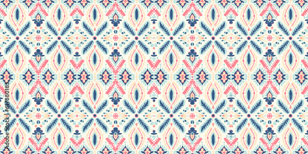 Seamless batik pattern, Seamless floral batik pattern, and Seamless motif pattern resemble ethnic boho, Aztec, and ikat styles. designed for use in satin, wallpaper, fabric, curtain, carpet, Batik Emb