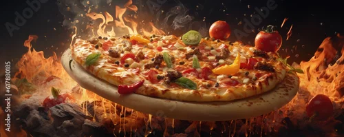 Obraz  z motywem Hot pizza with melted cheese, fire and flying vegetables. generative ai